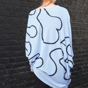 Unique, asymmetric Top, stipe jersey, handprinted, squiggle print image 2