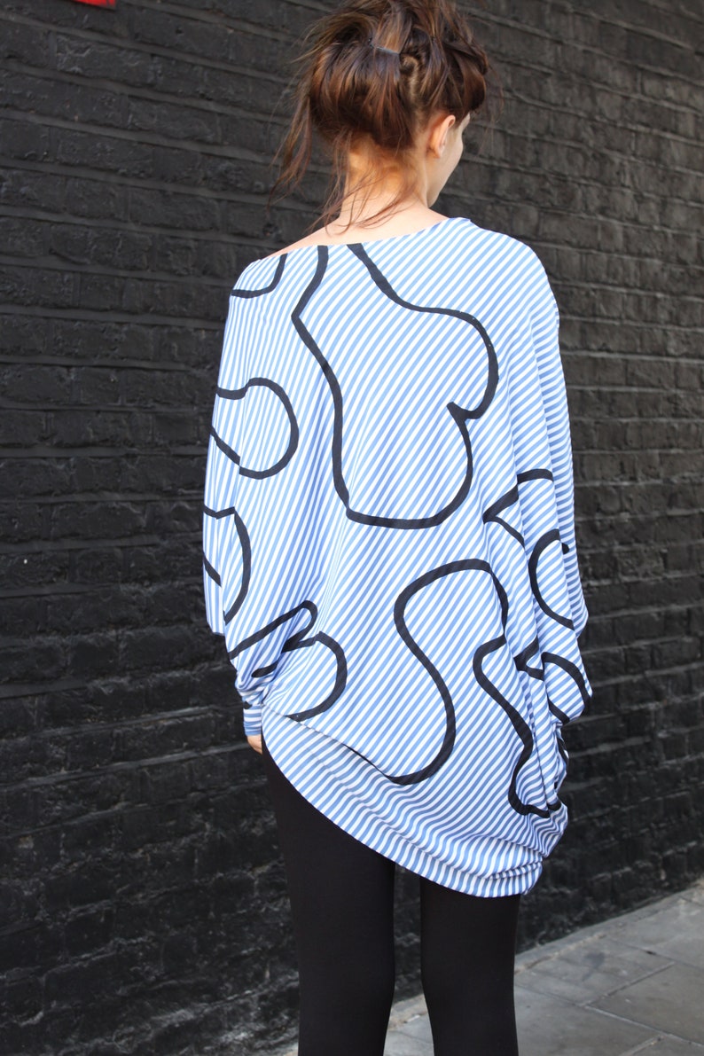 Unique, asymmetric Top, stipe jersey, handprinted, squiggle print image 2