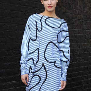 Unique, asymmetric Top, stipe jersey, handprinted, squiggle print image 1