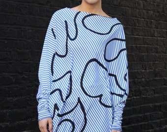 Unique, asymmetric Top, stipe jersey, handprinted, squiggle print