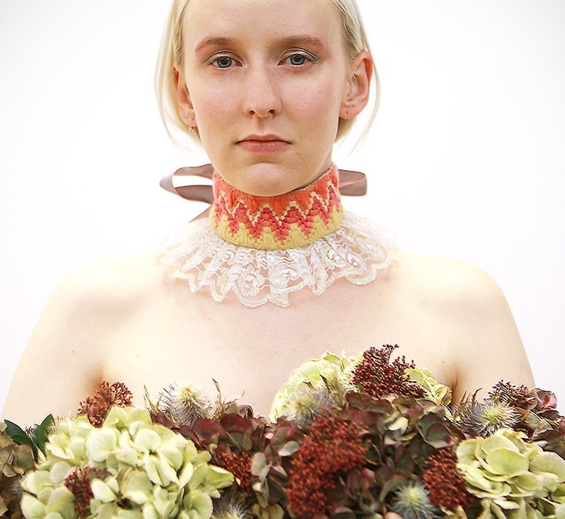 Handstitched Young Bess Bargello Handmade Needlepoint Choker Embroidery Candy Colours Artisan Lace