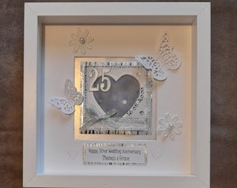 Personalized 25th Anniversary Watercolour Gift: Silver Wedding Keepsake. Framed