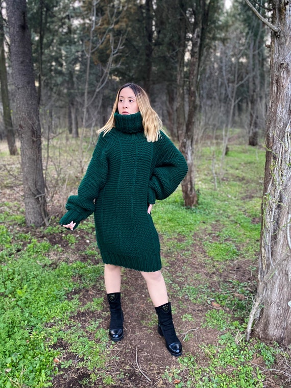 Green Wool Dress Knit Sweater Dress 