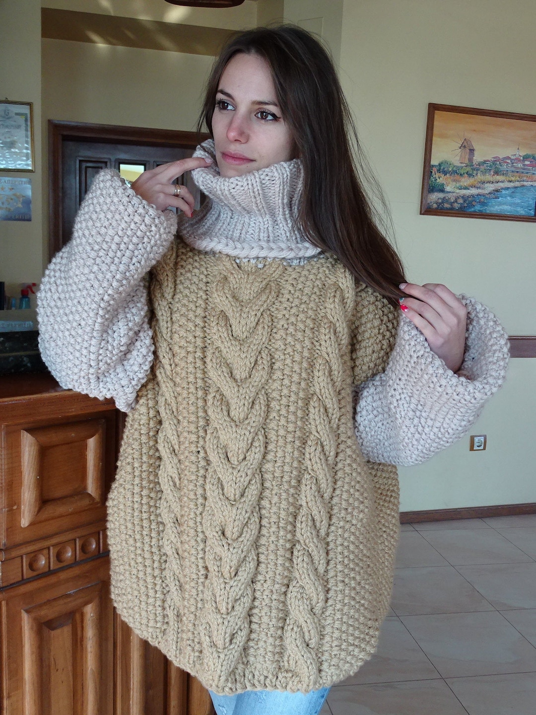 Beige Mohair Sweaterhand Knit Sweatercrewneck - Etsy