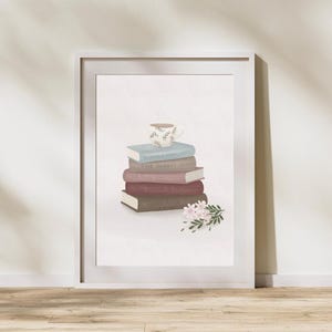 Stos książek z kawą i kwiatami | Wydruk cyfrowy | Ilustracja cyfrowa