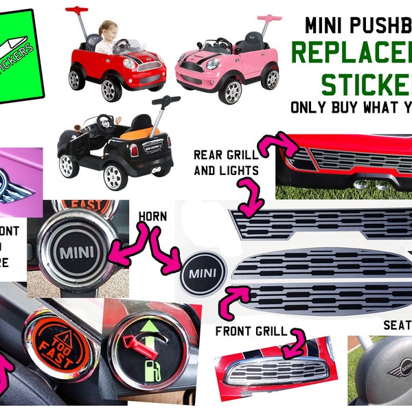 N.E.stickers new Decals Stickers SIZED TO FIT Kids Mini Pushbuggy Ride-on Toy car : Buy full set or individual items