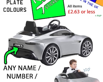 Personalised licence plate to fit kids' Aston Martin DB10 6V electric ride on car toy (better than James Bond 007). number plate