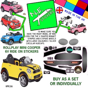 May include: A set of stickers for a 6V ride-on Mini Cooper toy car. The stickers feature a black and white chequered pattern, a Mini Cooper logo, and a speedometer. The stickers are designed to be applied to the car's bonnet, doors, and wheels. The stickers are made in the UK.  "Rollplay Mini Cooper 6V Ride On Stickers" and "Buy as a set or individually" are printed on the image.