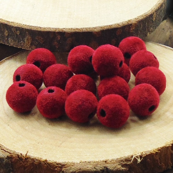 Red Velvet Beads, Acrylic Beads, Faux Velvet Beads, Plastic Beads, Round Beads, 10mm Beads, 15pcs Beads, Jewelry Making, DIY Beads
