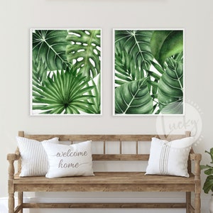 Set of 2, Tropical Leaves, Fan Palm Leaf, Monstera Leaf, Minimalist, Modern Wall Decor, Millennial Wall Art - Poster, Metal or Canvas Prints