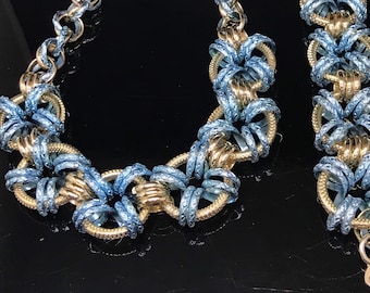 Aluminium link necklace bracelet gold blue lightweight vintage