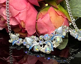 Silver blue  necklace vintage  crystal AB