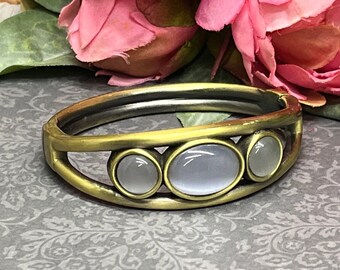 glass bangle grey bronze three cabochons hinged cuff
