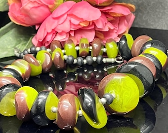 Carved plastic bead necklace statement green brown