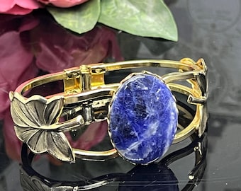 Sodalite Gold bangle vintage clamper leaves