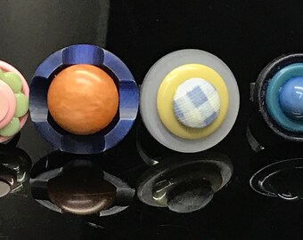 Button  ring vintage statement hand crafted unique pink blue round
