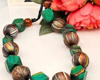 necklace chunky statement bead forest green wooden