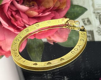 vintage gold  mesh bracelet flat link  I  love you