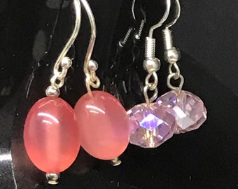 Pink drop dangle earrings crystal moon glow lucite 2 pairs