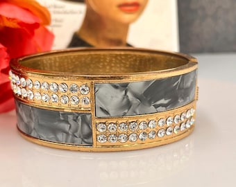 Diamanté bangle vintage grey marbled gold oval