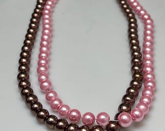 pearl necklace brown pink necklace glass double unusual