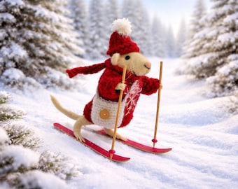 Skiing mouse  Needle felt mouse  Wool mouse  Felted animal Felt miniature White mouse