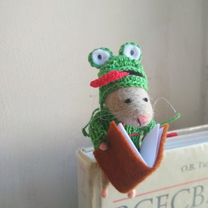 Mouse in a frog hat custom bookmark monogrammed  personalize bookmark felt Gray mouse with book small animal lover gift for bookworms