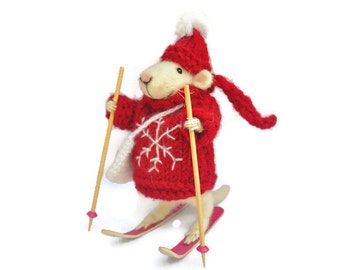 Skiing mouse  Needle felt mouse  Wool mouse  Felted animal Felt miniature White mouse