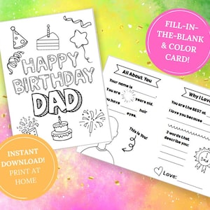 Printable DAD Birthday Card for Kids to Color | Fill-in-the-Blank Dad Birthday Activity Card | Instant Download | Fun DIY Gift for DAD