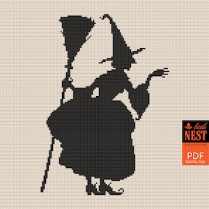 May include: Black silhouette of a witch with a broom, wearing a pointed hat and a long dress. The witch is set against a beige background. The image includes the text "little NEST emporium" and "PDF DIGITAL FILE".