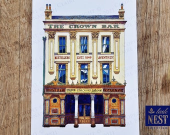 The Crown Bar, Belfast, Ink and Watercolour Sketch, A4 Giclée print by Claire Brennan