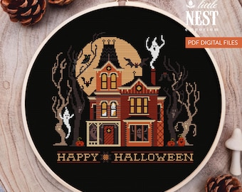 Korsstygnsmönster för Halloween-spökhus, med spöken, fladdermöss och pumpor, (PDF) Direkt nedladdning, digitala filer