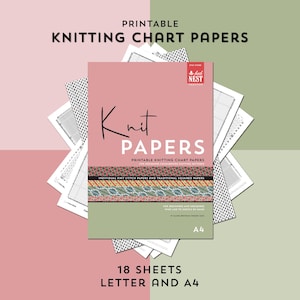 Peut inclure: Un ensemble de feuilles de tricotage imprimables, avec le texte "Knit Papers" sur la couverture. La couverture est rose avec une bande décorative de couleur. Le texte "PRINTABLE KNITTING CHART PAPERS" est en haut et en bas. Les papiers sont au format A4 et lettre.
