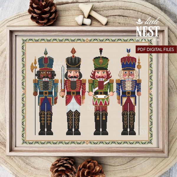 A company of Christmas Nutcrackers Cross Stitch Pattern chart: (PDF) Instant download, digital files
