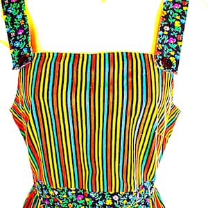 Vintage 70s Candy Stripe Smock Dress | Hukapoo Midi with Floral Straps, XS