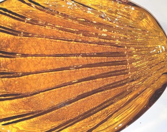Vintage Honey Amber Crackle Glass Shell Platter: MCM Serving Plate