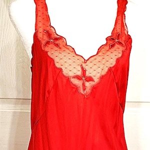 Vintage Red lace applique slip nightgown, SEARS lingerie nighty, nylon lounge slip, Womens M midi 100% nylon gown
