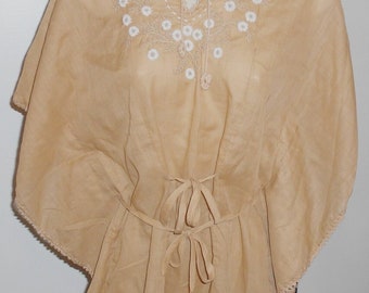 M/L Vintage Bauern Top Bestickte Boho Tunika Flügel Arm Beige Bluse 1970er 1980er Jahre