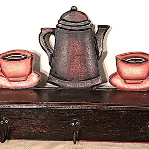 Shelf & Mug Rack, wood cutouts of coffee pot, coffee cups, sugar cubes, 3 metal cup mug hooks, 14&quot; top shelf