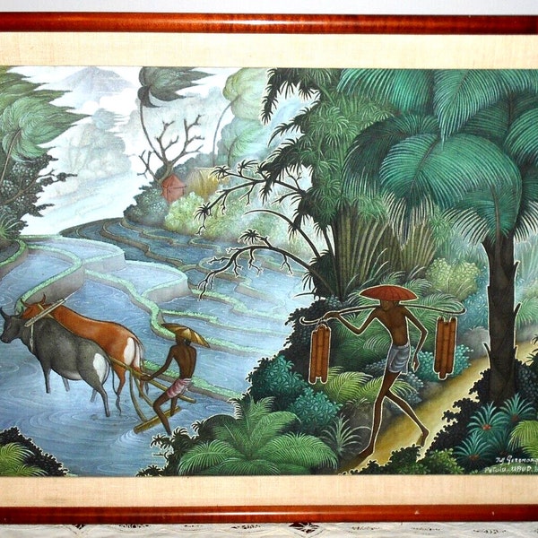 Agriculture primitive, peinture sur textile balinaise, oeuvre d'art sur tissu indonésienne signée, Bali, élevage de boeufs à la charrue