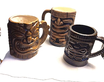 3 Vintage Kon Tiki Mugs Ceramic one is marked Orchids of Hawaii