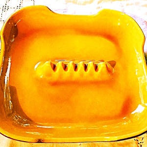 Mid-Century large ashtray ceramic pottery #8006 USA, yellow with faux wood base