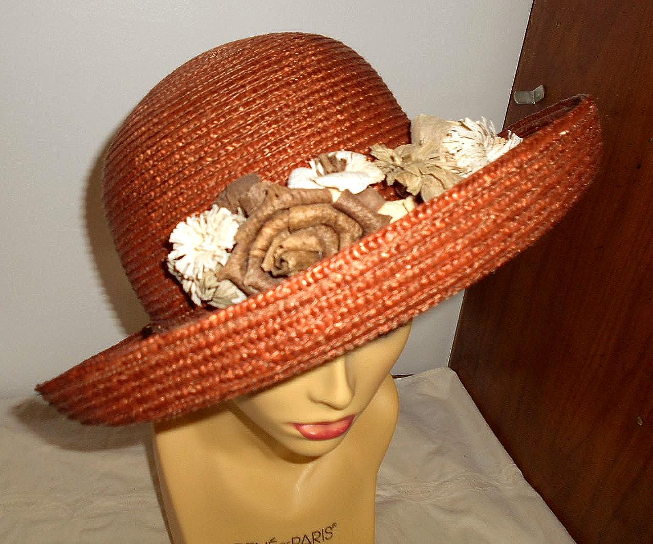 Vintage 90s Liz Claiborne Straw Hat: Brown Straw Flower  display picture 2