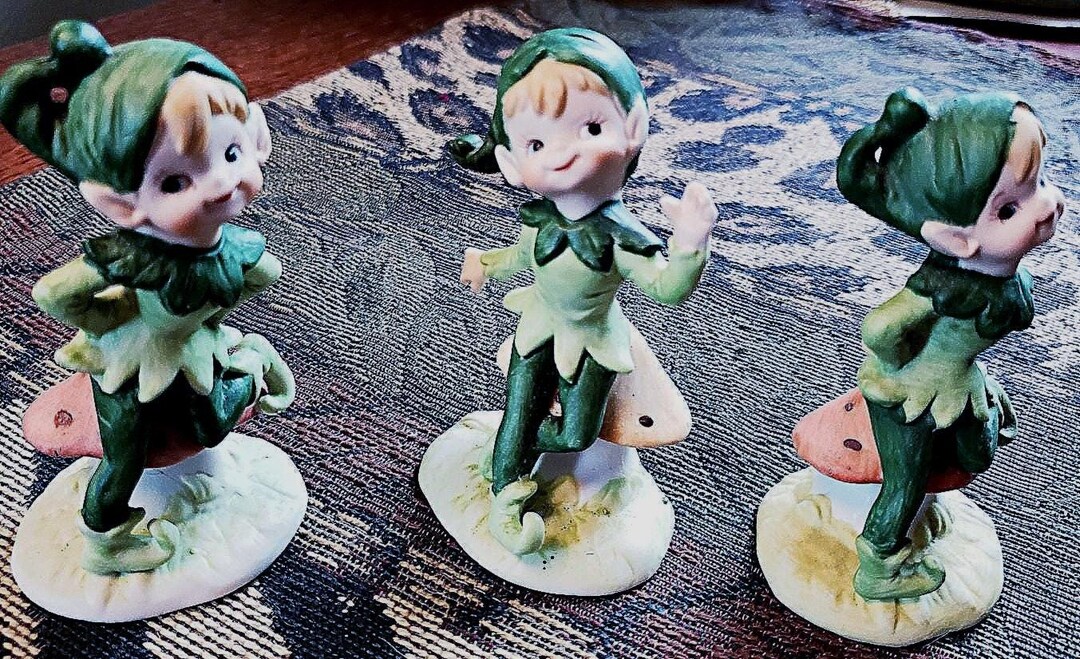 Lefton Mushroom Pixie Elves, Set of 3 Porcelain Elf Figurines With
