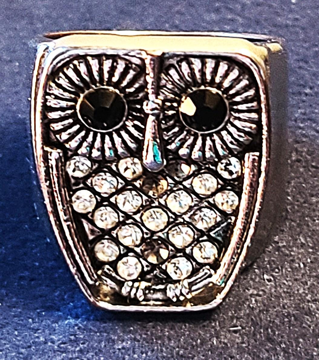Art Deco Vintage Owl Ring Chrome w Encrusted Rhinestones & Big Eyes size 8.5