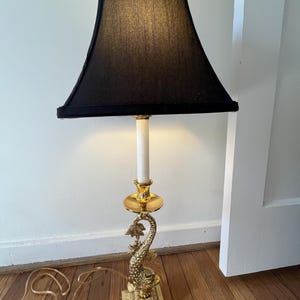 Brass Chinoiserie lamp, vintage koi fish, black shade, tall table lamp