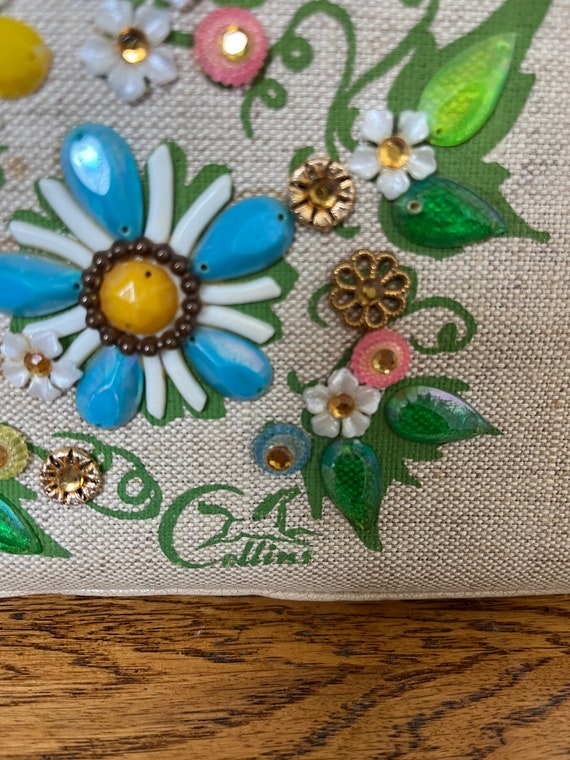 Enid Collins floral clutch, vintage linen beaded … - image 3