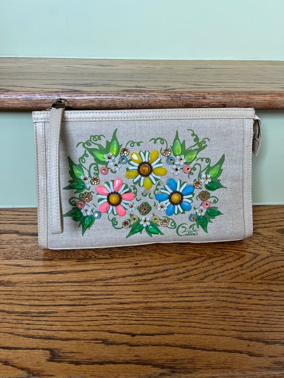 Enid Collins floral clutch, vintage linen beaded … - image 1