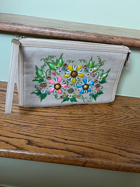 Enid Collins floral clutch, vintage linen beaded … - image 10