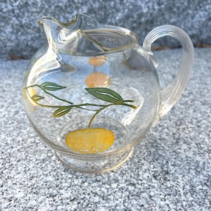 Hand-Painted Orange Glass Pitcher with Ribbed Handle | MCM Juice or Water Jug | Retro Kitchen Decor